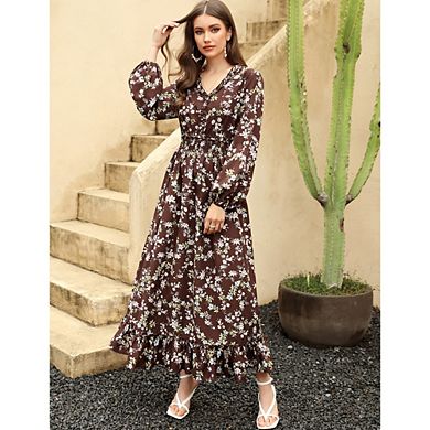 Womens Dresses Fall Clothes V Neck Floral High Waist Ruffle Wedding Guest Cocktail