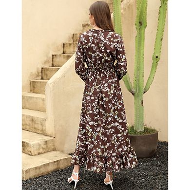 Womens Dresses Fall Clothes V Neck Floral High Waist Ruffle Wedding Guest Cocktail