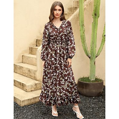 Womens Dresses Fall Clothes V Neck Floral High Waist Ruffle Wedding Guest Cocktail