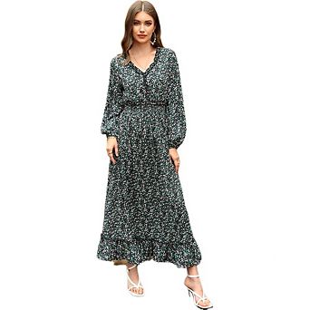 Womens Dresses Fall Clothes V Neck Floral High Waist Ruffle Wedding Guest Cocktail