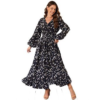 Womens Dresses Fall Clothes V Neck Floral High Waist Ruffle Wedding Guest Cocktail