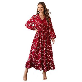 Womens Dresses Fall Clothes V Neck Floral High Waist Ruffle Wedding Guest Cocktail