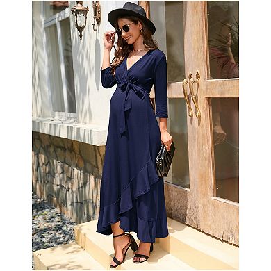 Women's Maternity Dress Casual V Neck 3/4 Sleeve Dress Ruffle Nursing Breastfeeding Dress with Belt