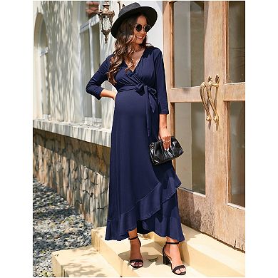 Women's Maternity Dress Casual V Neck 3/4 Sleeve Dress Ruffle Nursing Breastfeeding Dress with Belt