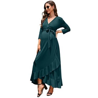 Women's Maternity Dress Casual V Neck 3/4 Sleeve Dress Ruffle Nursing Breastfeeding Dress with Belt