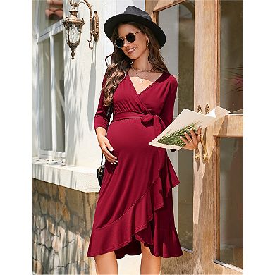 Women's Maternity Dress Ruffle Hem V Neck 3/4 Sleeve Midi Dress for Photography Babyshower