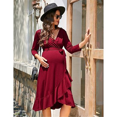 Women's Maternity Dress Ruffle Hem V Neck 3/4 Sleeve Midi Dress for Photography Babyshower