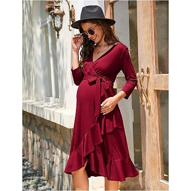 Women's Maternity Dress Ruffle Hem V Neck 3/4 Sleeve Midi Dress for Photography Babyshower