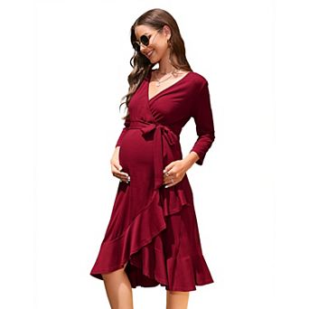 Women's Maternity Dress Ruffle Hem V Neck 3/4 Sleeve Midi Dress for Photography Babyshower