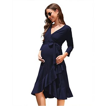 Women's Maternity Dress Ruffle Hem V Neck 3/4 Sleeve Midi Dress for Photography Babyshower