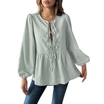 Women's Tie Front Striped Shirt Long sleeve Cute Babydoll Tops Peplum Puffy Sleeve Blouse