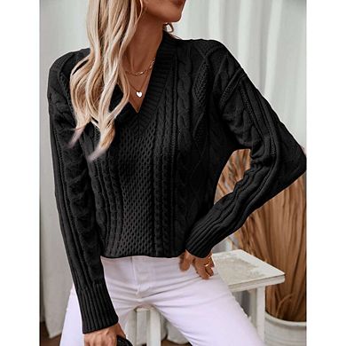 Womens Vintage Pullover V Neck Long Sleeve Cable Knit Sweaters Fall Winter Casual Oversized Tops