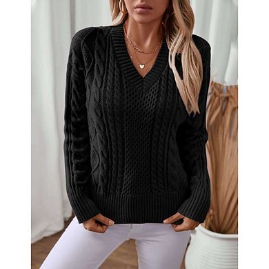 Womens Vintage Pullover V Neck Long Sleeve Cable Knit Sweaters Fall Winter Casual Oversized Tops