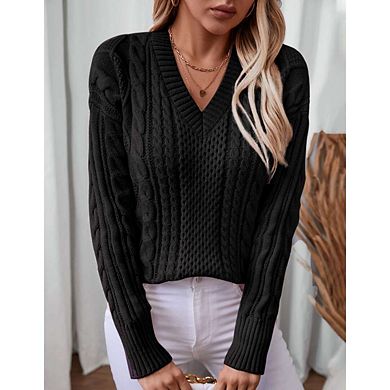 Womens Vintage Pullover V Neck Long Sleeve Cable Knit Sweaters Fall Winter Casual Oversized Tops