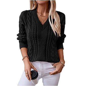 Womens Vintage Pullover V Neck Long Sleeve Cable Knit Sweaters Fall Winter Casual Oversized Tops