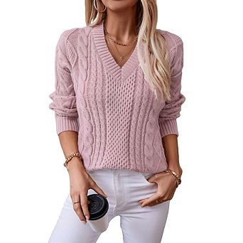 Womens Vintage Pullover V Neck Long Sleeve Cable Knit Sweaters Fall Winter Casual Oversized Tops