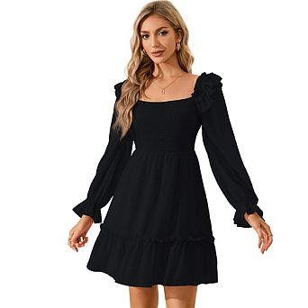 Women's Square Neck Lantern Long Sleeve Babydoll dress Ruffle Smocked High Waist Party Mini Dress