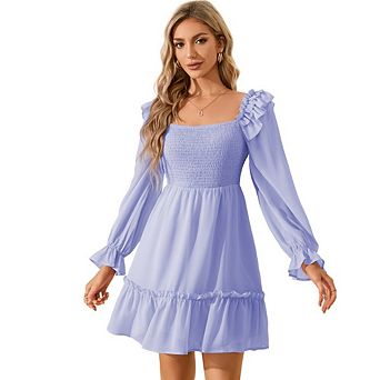Women's Square Neck Lantern Long Sleeve Babydoll dress Ruffle Smocked High Waist Party Mini Dress