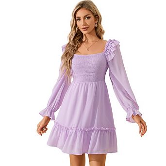 Women's Square Neck Lantern Long Sleeve Babydoll dress Ruffle Smocked High Waist Party Mini Dress