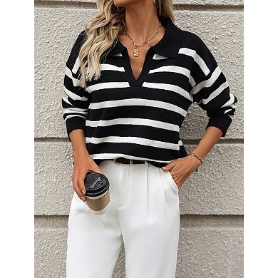 Womens Striped Sweaters Lapel Knitted Casual Pullover V Neck Color Block Long Sleeve Loose Tops
