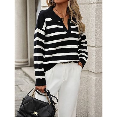 Womens Striped Sweaters Lapel Knitted Casual Pullover V Neck Color Block Long Sleeve Loose Tops