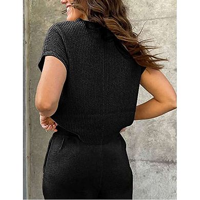Womens Short Sleeve Sweater Vest Trendy Cotton Knit Pullover Crew Neck Ribbed Knit Vests Tank Top
