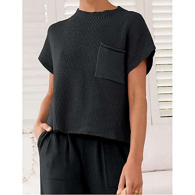 Womens Short Sleeve Sweater Vest Trendy Cotton Knit Pullover Crew Neck Ribbed Knit Vests Tank Top