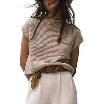 Womens Short Sleeve Sweater Vest Trendy Cotton Knit Pullover Crew Neck Ribbed Knit Vests Tank Top