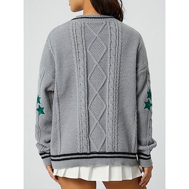 Womens Cardigan Star Knit Open Front Cardigan V Neck Long Sleeve Oversized Button Sweater Coat