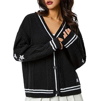 Womens Cardigan Star Knit Open Front Cardigan V Neck Long Sleeve Oversized Button Sweater Coat
