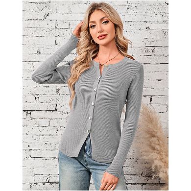 Women Long Sleeve Button Down Open Front Ribbed Knit Crop Cardigan Tops Slim Fit Sweater Pullover