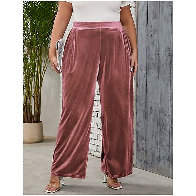 Women Plus Size Velvet Pants Long Wide Leg Trousers for Women Elastic Waist Casual Trouser