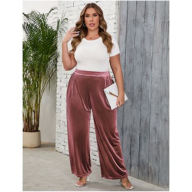 Women Plus Size Velvet Pants Long Wide Leg Trousers for Women Elastic Waist Casual Trouser