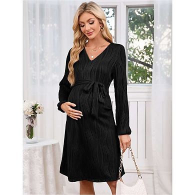 Women Long Sleeve Maternity Dress Casual V Neck Breastfeeding Ribbed Knit Belt Pregnancy Dresses