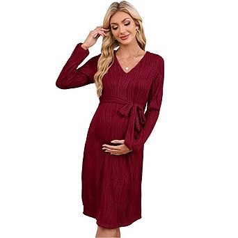 Women Long Sleeve Maternity Dress Casual V Neck Breastfeeding Ribbed Knit Belt Pregnancy Dresses