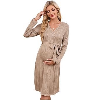 Women Long Sleeve Maternity Dress Casual V Neck Breastfeeding Ribbed Knit Belt Pregnancy Dresses