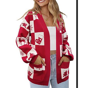 Womens Plaid Cardigan Ugly Xmas Soft Long Sleeves Casual Knitted Open Front Cardigans Sweaters