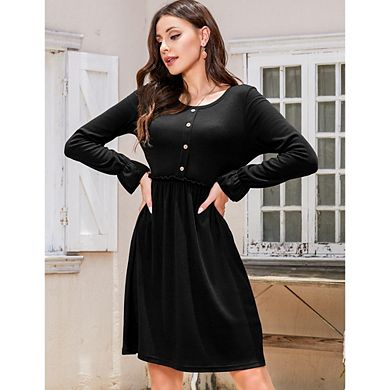 Womens Mini Long Sleeve Dress A-line High Waisted Casual Flowy Dress