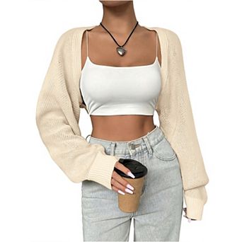 Women’s Bolero Shrug Sweaters Knitted Open Front Long Sleeve Cropped Tops Solid Casual Cardigans