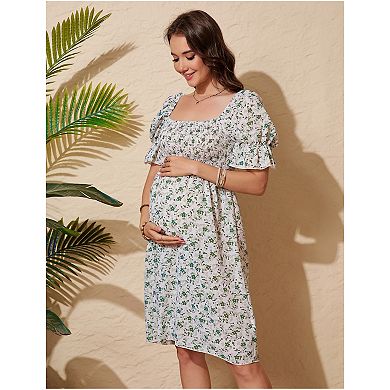 Women's Maternity Dress Floral Square Neck A Line Fashion Dress Short Sleeves Dress for Photography