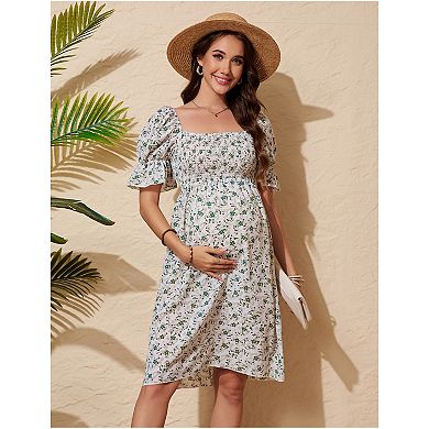 Women's Maternity Dress Floral Square Neck A Line Fashion Dress Short Sleeves Dress for Photography