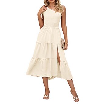 Women's Summer One Shoulder Sleeveless Knot Smocked Midi Dress Split Tiered Flowy Dresses