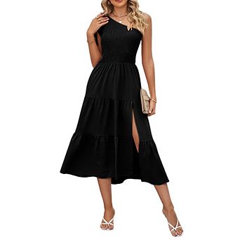 Women's Summer One Shoulder Sleeveless Knot Smocked Midi Dress Split Tiered Flowy Dresses