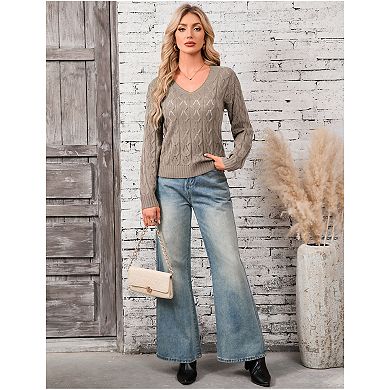 Women's V Neck Long Sleeve Pullover Sweater Lightweight Knit Sweaters Novelty Sweaters