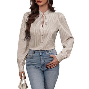 Women's Striped Dressy Casual Blouses Tie Neck Lantern Long Sleeve Office Shirts Fall Outfits