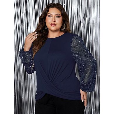 Womens Plus Sequin Tops Sparkle Shimmer Glitter Elegant Blouses Party Crewneck Loose Fit Shirts