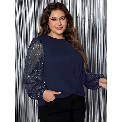 Womens Plus Sequin Tops Sparkle Shimmer Glitter Elegant Blouses Party Crewneck Loose Fit Shirts