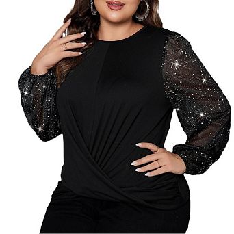 Womens Plus Sequin Tops Sparkle Shimmer Glitter Elegant Blouses Party Crewneck Loose Fit Shirts