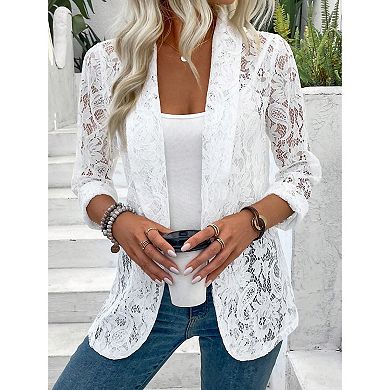 Women’s Open Front Lace Cardigan Long Sleeve Floral Crochet Shrug Cover Ups