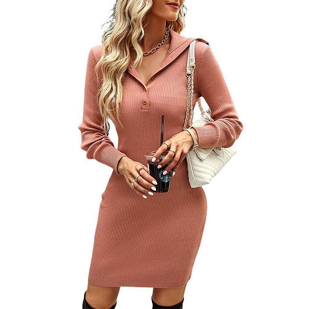 Women's Long Sleeve Sweater Dress Button Knit Slim Fit Casual V Neck Elegant  Bodycon Midi Dresses